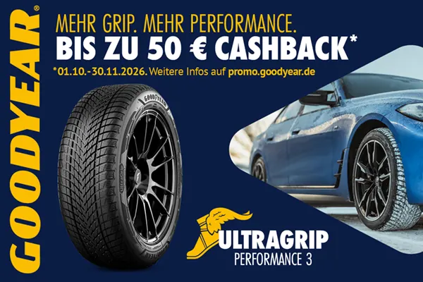 Bis zu 50,- € Cashback beim Kauf von Goodyear Reifen.
